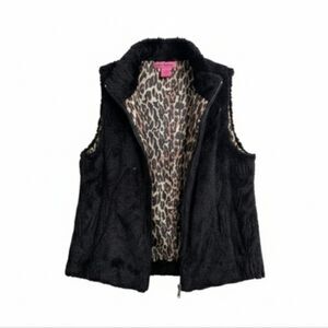 Betsey Johnson Black Faux Fur Full Zip Vest Animal Print Lining Shiny Sequin M